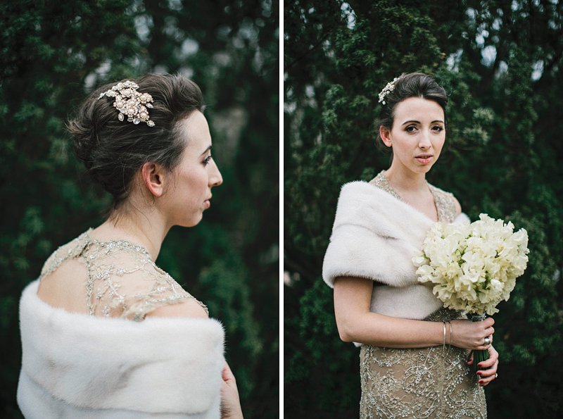 bride with wool shawl and hairpiece