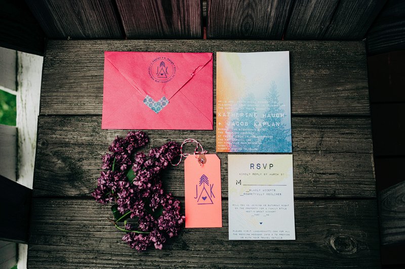 pink and blue custom wedding invitation