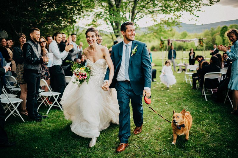 bride and groom with dog hudson valley wedding